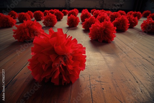 Red Cheerleading Pompoms On Wooden Gym Floor