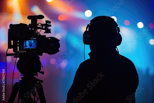 Silhouette Of Professional Cameraman Documenting Live Event Or News Coverage