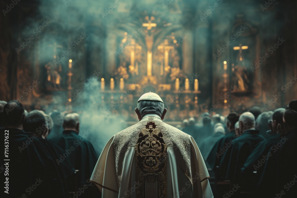 The Pope Leading A Religious Ceremony From The Background - obrazy, fototapety, plakaty 