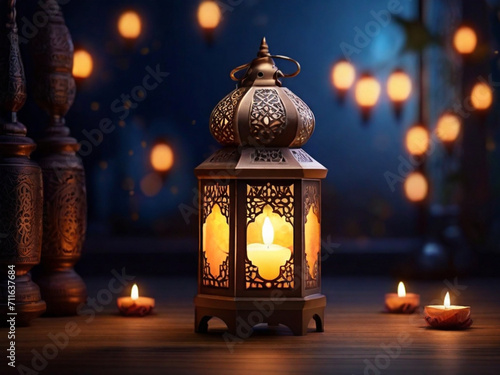 Eid Mubarak Ramadan candle lantern on wooden table. Islamic home decor. Traditional Islamic design.