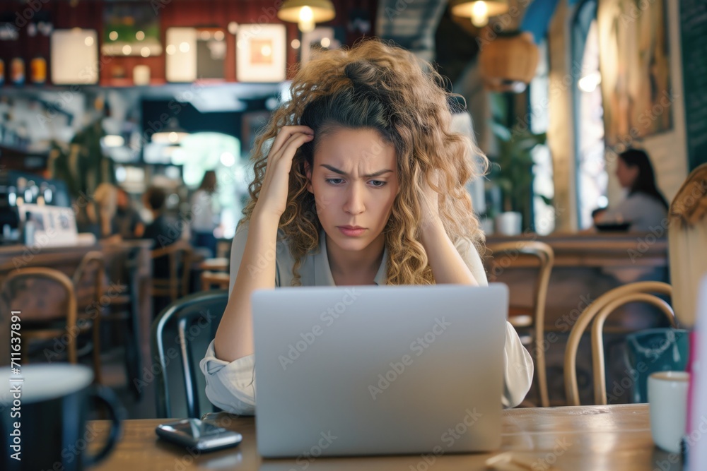 Woman Venting About Distractions While Working Remotely In Busy Coffee Shop