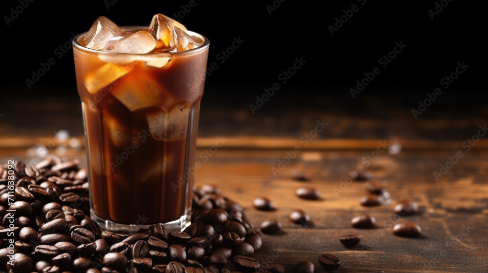 Ice coffee and coffee beans on a old brown table. Copy space. Ice coffee and coffee beans on a old brown table. Copy space.