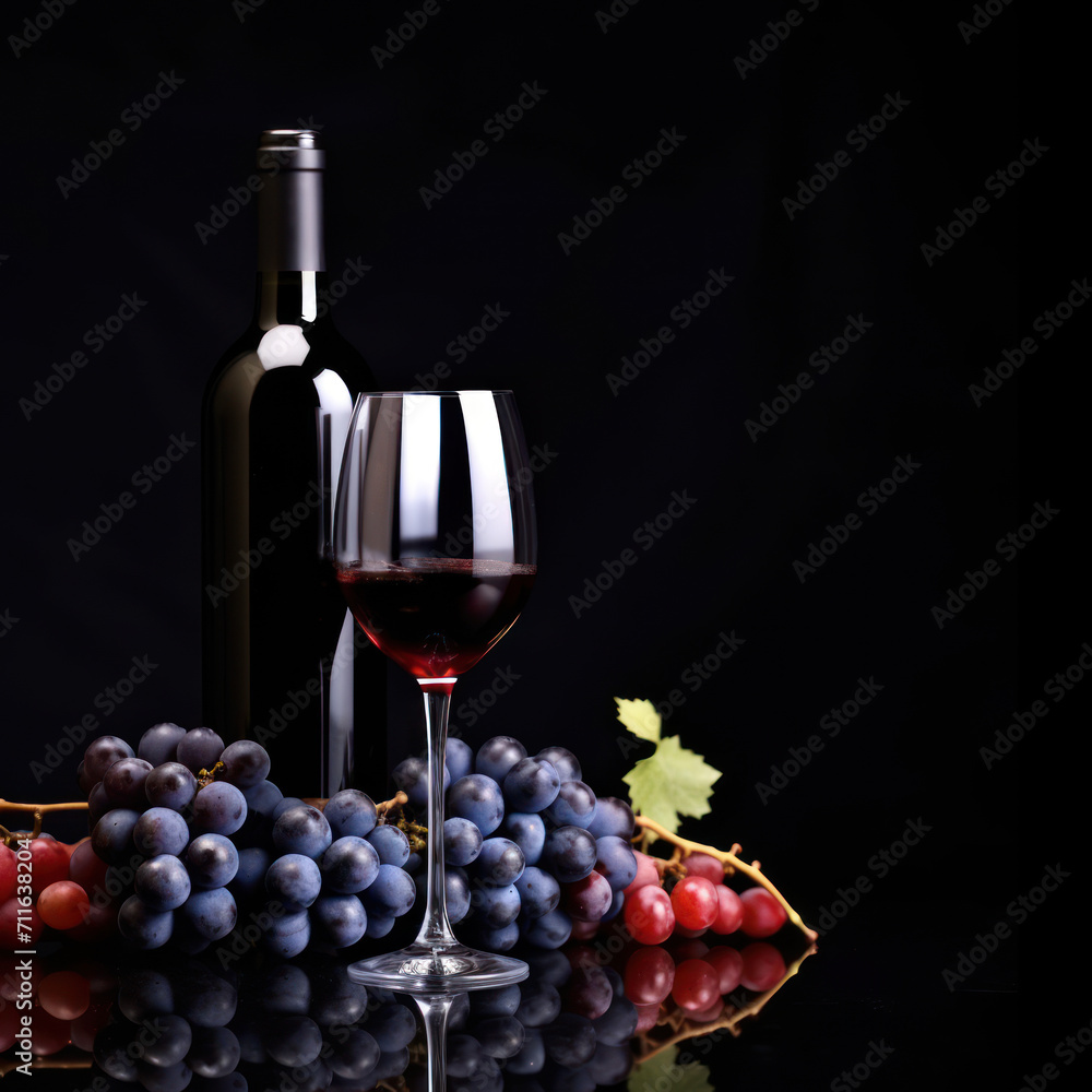 Fototapeta premium Glass and bottle of red wine with blue grapes on a black reflective background. On a bottle old empty label. Copy space.
