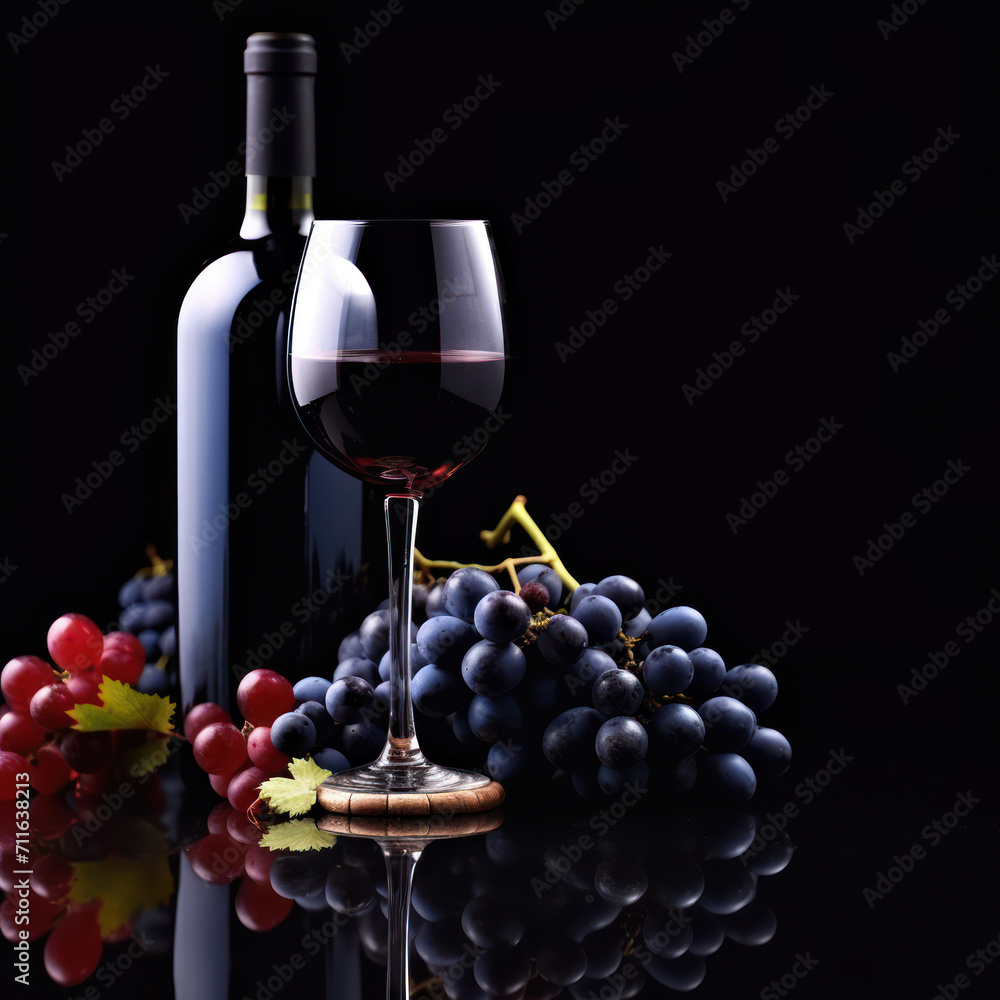 Glass and bottle of red wine with blue grapes on a black reflective background. On a bottle old empty label. Copy space.