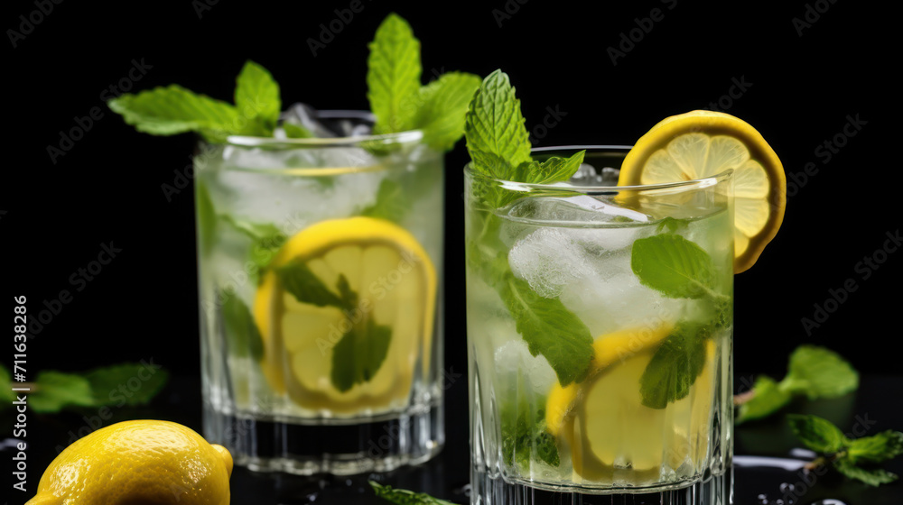 Two glasses of lemonade or a cocktail with lemon and mint on a black background. Summer refreshing drinks. Two glasses of lemonade or a cocktail with lemon and mint on a black background. Summer refreshing drinks.