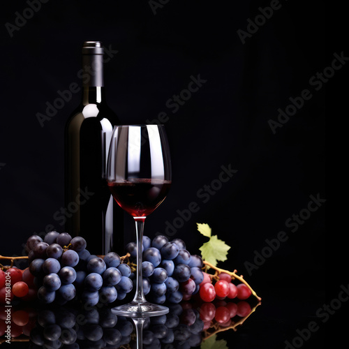 Glass and bottle of red wine with blue grapes on a black reflective background. On a bottle old empty label. Copy space.