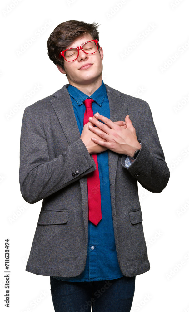Young handsome business man wearing red glasses over isolated background smiling with hands on chest with closed eyes and grateful gesture on face. Health concept. Young handsome business man wearing red glasses over isolated background smiling with hands on chest with closed eyes and grateful gesture on face. Health concept.