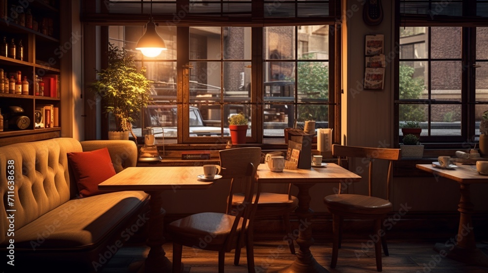 A cozy coffee shop interior with warm lighting and inviting ambiance, offering an unobtrusive space for text placement amidst the comforting atmosphere - Generative AI