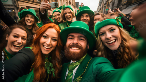 group of people dressed in green taking a selfie, celebrating st. patrician's day