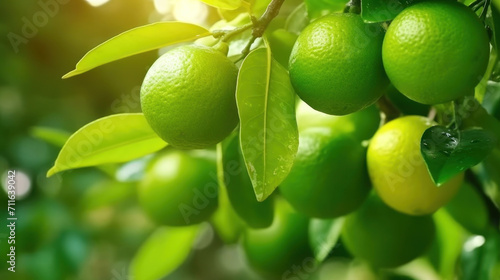 Limes tree in the garden are excellent source of vitamin C. Green organic lime citrus fruit hanging on tree. photo
