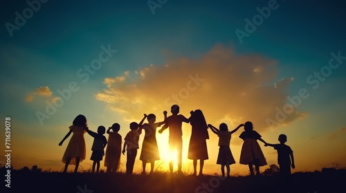 silhouette of family on sunset background photo