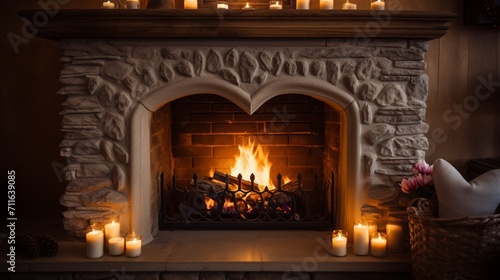 A cozy fireplace with flickering candles and heart-shaped decorations, offering space for text overlay against the romantic hearth ambiance. - Generative AI
