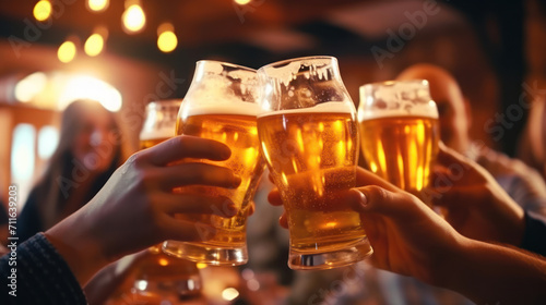 Evening group of friends drinking beer and clinking glasses.