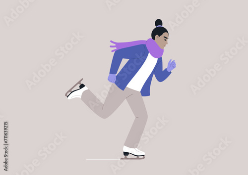 A youthful character gracefully glides across a winter ice rink, adorned in a cozy scarf and warm woolen gloves, the scene captures the joy and charm of ice-skating amidst the winter chill