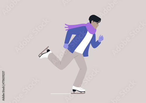 A youthful character gracefully glides across a winter ice rink, adorned in a cozy scarf and warm woolen gloves, the scene captures the joy and charm of ice-skating amidst the winter chill