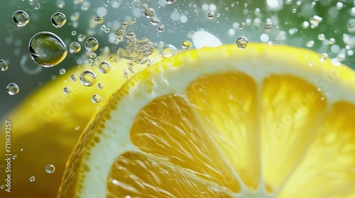 Lemon slice drop in fizzy sparkling water, juice refreshment. photo