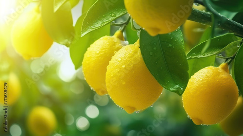 Lemon tree in the garden are excellent source of vitamin C. The lemon is a bright yellow citrus fruit hanging on tree.