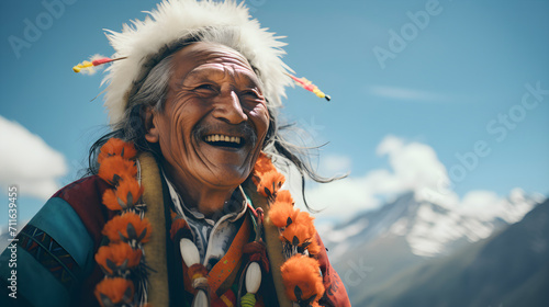 An elderly Native Tibetan man wearing a traditional headdress smiles joyfully against a backdrop of mountainous landscape. Generative AI 