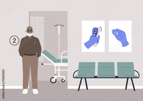 An elderly individual patiently waits in the hospital corridor, anticipating their annual checkup