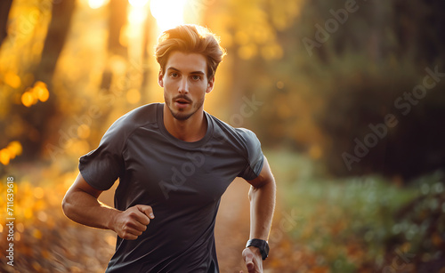 A determined young man jogs along a forest path covered with fallen leaves, basking in the golden light of an autumn morning.Generative Ai 