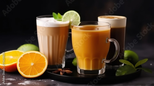 Latte  Americano  Orange juice  Lime tea served on dark background.