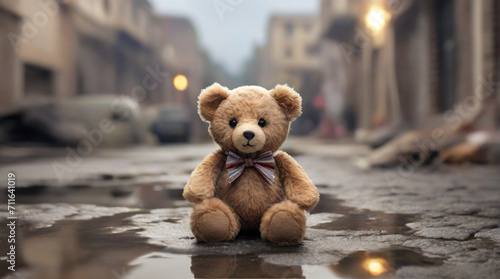 Sad abandoned little teddy bear sitting on the ground in the destroyed street after war or earthquake. Human suffering and concept of destroying childhood by war. 