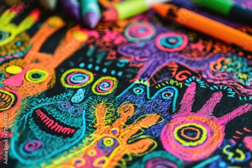 vibrant colors including blue, green, purple, orange and yellow creating a psychedelic effect