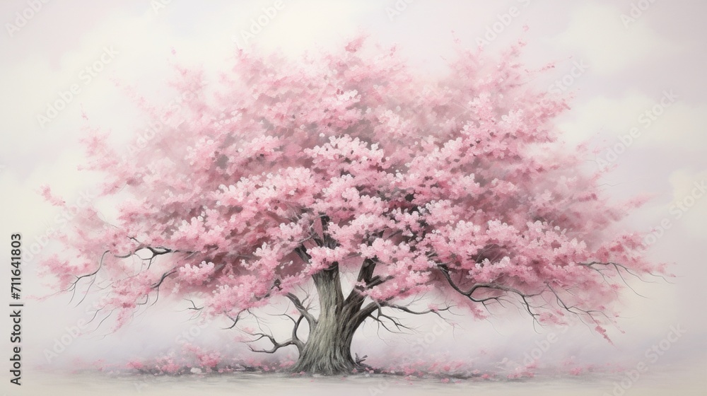 A detailed cherry blossom tree in bloom, delicate pink blossoms against a backdrop of fresh green leaves, capturing the tree's ethereal beauty - Generative AI - obrazy, fototapety, plakaty 