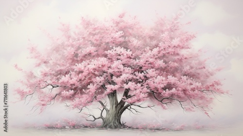 A detailed cherry blossom tree in bloom, delicate pink blossoms against a backdrop of fresh green leaves, capturing the tree's ethereal beauty - Generative AI