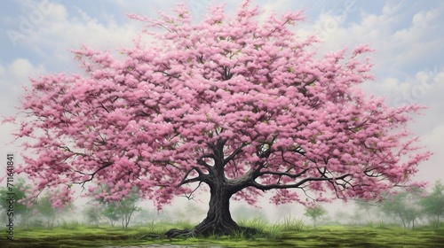 A detailed cherry blossom tree in bloom, delicate pink blossoms against a backdrop of fresh green leaves, capturing the tree's ethereal beauty - Generative AI © Huzaifa