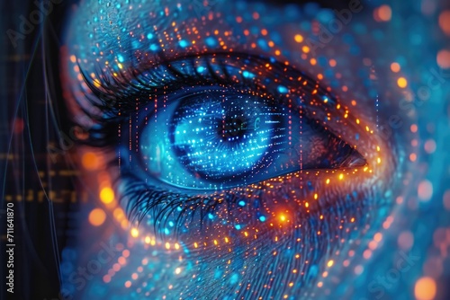 Macro photography of blue eyes and perfect vision in neon light