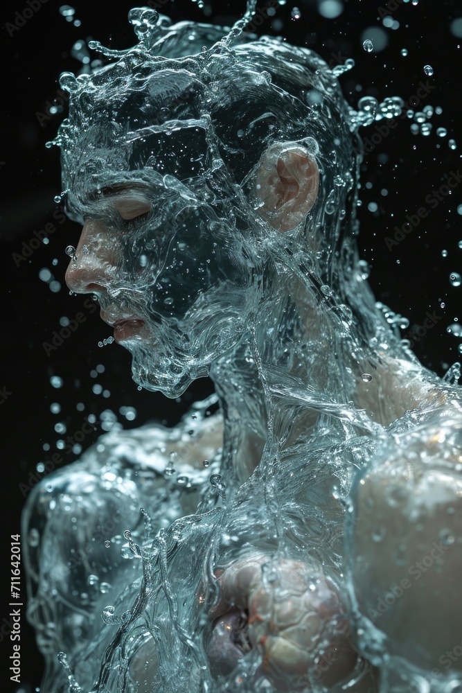 a human body made of water droplets, the whole body