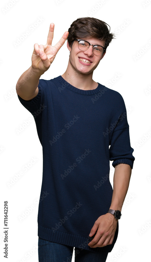 Young handsome man wearing glasses over isolated background showing and pointing up with fingers number two while smiling confident and happy. Young handsome man wearing glasses over isolated background showing and pointing up with fingers number two while smiling confident and happy.
