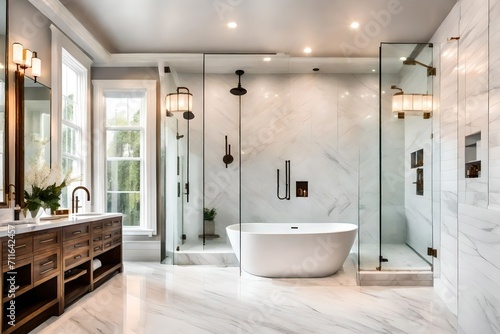 Envision the epitome of bathroom elegance with a freestanding tub and marble-tiled shower  both bathed in the allure of perfect lighting.  