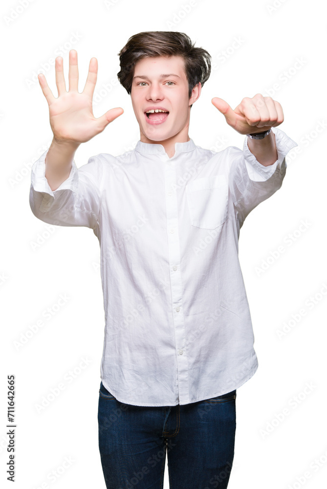 Young handsome business man over isolated background showing and pointing up with fingers number six while smiling confident and happy. Young handsome business man over isolated background showing and pointing up with fingers number six while smiling confident and happy.