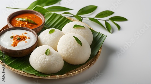 South Indian idli served with chutney isolated on white background