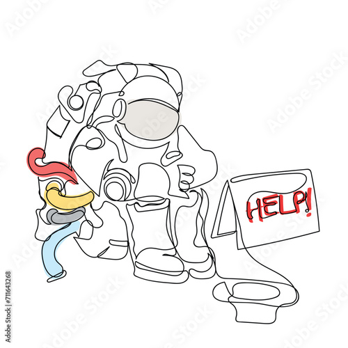 hand drawn line art vector of an astronaut sitting in a desperate situation. Finances for space ventures.