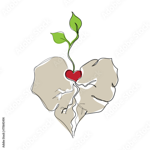 hand drawn line art vector of a stoned heart with a little alive heart with hope. Hope and Healing Concept