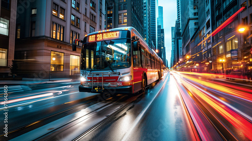 City bus moving through a busy urban avenue