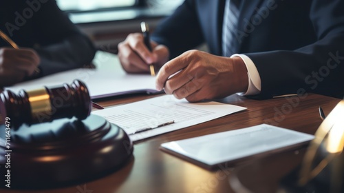 A lawyer is working at a work desk with criminal minutes documents, decorated with a judicial gavel. photo