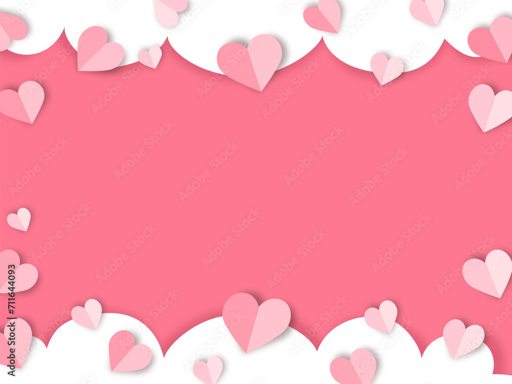 Flying paper cut heart pink background, love, valentine decoration, greeting card, copy space