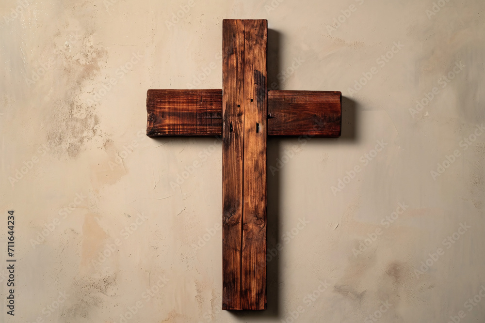 Wooden cross on a textured white wall with shadows