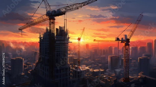 Tower crane construction site building skyscraper, work process during sunset. Cityscape scene golden light.