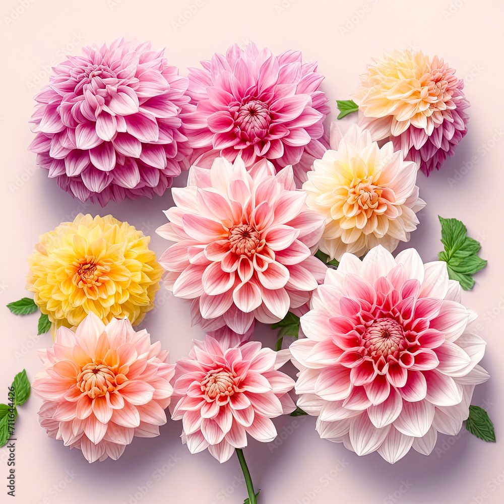 dahlia flowers on pastel background top view. Floral card for Women or Mothers day. dahlia flowers on pastel background top view. Floral card for Women or Mothers day.