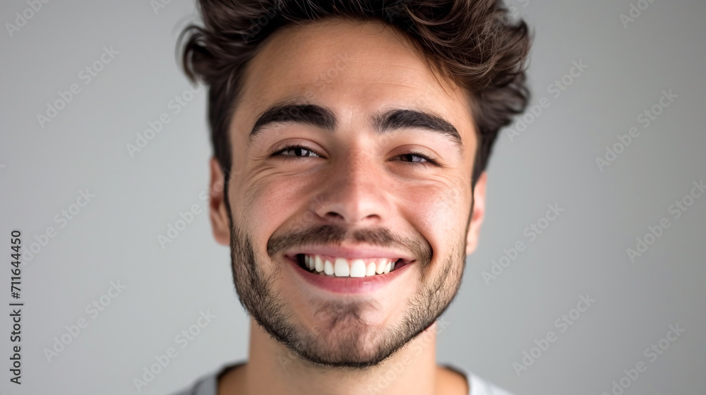 Obraz premium A young man with a beautiful smile on a gray background for teeth whitening
