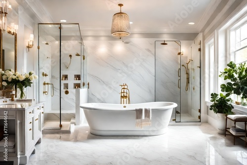 Indulge in a moment of luxurious tranquility as you visualize a bathroom's freestanding tub and marble-tiled shower, bathed in perfect lighting.