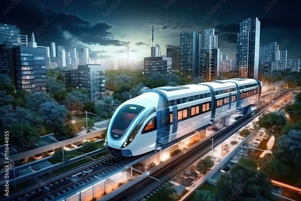 Naklejka premium City train or commuter train, High speed train in motion on the railway station at sunset. Fast moving modern passenger train on railway platform. Generative ai