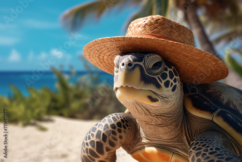 turtle with straw hat on the beach