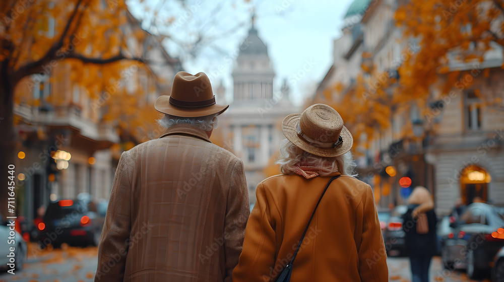 Fototapeta premium Back view of a happy elderly couple traveling through a city in Europe on vacation enjoying their retirement.