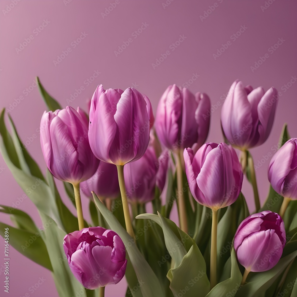 Fototapeta premium Valentine's Day Concept A (((purple Tulip field))), back dropped by a softly detailed (((pastel grid))), colour-spaced against a (clear sky)